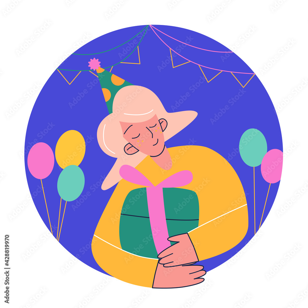 Naklejka premium Happy girl holding Gift box. Around decorative balloons and garlands. She Enjoying the Party. Happy Birthday Concept. Flat Vector Illustration.