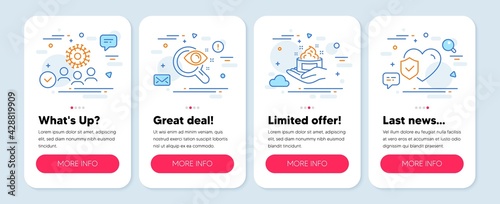 Set of Medical icons, such as Coronavirus, Skin care, Vision test symbols. Mobile screen app banners. Life insurance line icons. Who, Hand cream, Eyesight check. Risk coverage. Vector