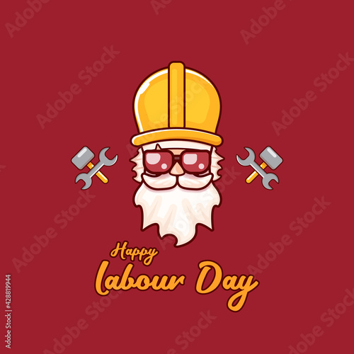 Happy labour day vector label with funky worker on red background. vector happy labor day background or banner with man. workers may day poster