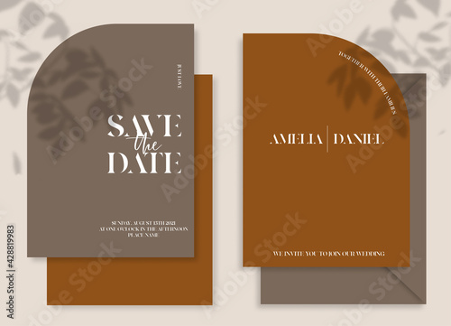Modern wedding invitation, burnt orange ang brown wedding invitation template, arch shape with leaf shadow and handmade calligraphy.