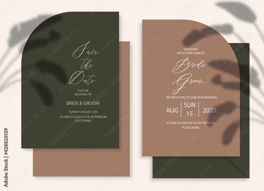 Modern wedding invitation, dark green and brown wedding invitation template, arch shape with leaf shadow and handmade calligraphy.