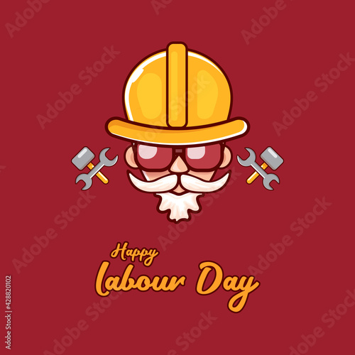 Happy labour day vector label with funky worker on red background. vector happy labor day background or banner with man. workers may day poster