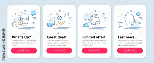 Set of People icons, such as Teamwork, Freezing, Face declined symbols. Mobile screen mockup banners. Cough line icons. Business conference, Air conditioner, Identification error. Vector