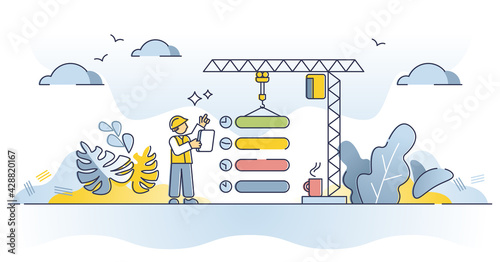 Planning, work flow organization for effective performance outline concept. Production business process optimization and precise task control as successful project time management vector illustration