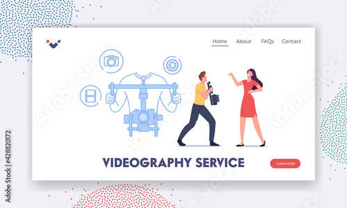 Videography Service Landing Page Template. Videographer or Cameraman Character with Camera Recording Female Journalist