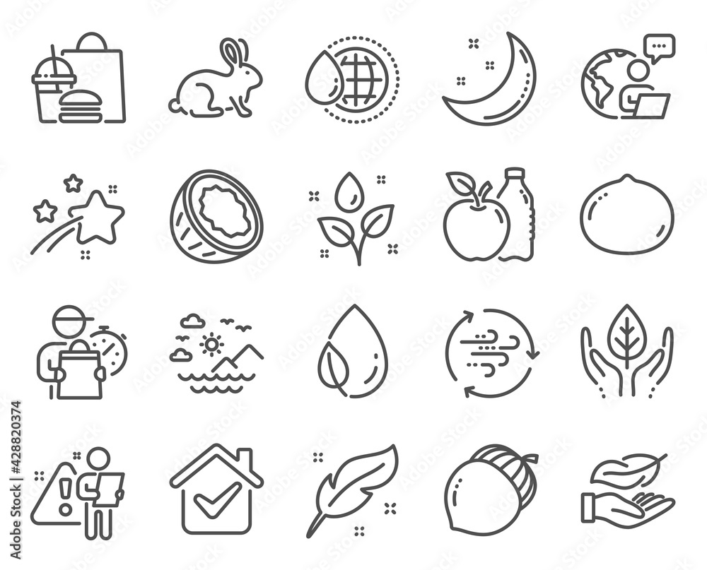 Nature icons set. Included icon as Lightweight, Wind energy, Moon stars signs. Macadamia nut, Feather, Animal tested symbols. Plants watering, Sea mountains, Apple. Fair trade, Leaf dew. Vector