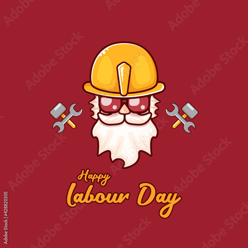 Happy labour day vector label with funky worker on red background. vector happy labor day background or banner with man. workers may day poster