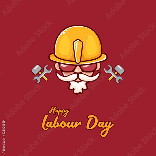 Happy labour day vector label with funky worker on red background. vector happy labor day background or banner with man. workers may day poster