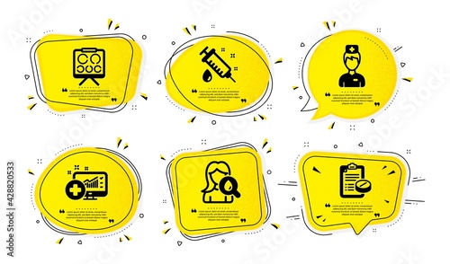 Medical syringe, Vision board and Medical analytics icons simple set. Yellow speech bubbles with dotwork effect. Moisturizing cream, Doctor signs. Vaccination, Eye check, Medicine system. Vector