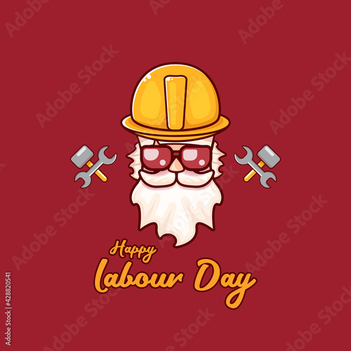 Happy labour day vector label with funky worker on red background. vector happy labor day background or banner with man. workers may day poster