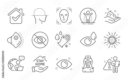 Eye drops, Medical mask and Coronavirus line icons set. Nurse, Health eye and Skin care signs. Washing hands, Face detection and Recovered person symbols. Line icons set. Vector