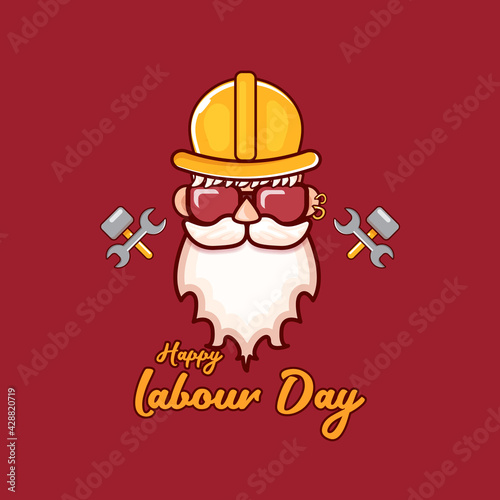 Happy labour day vector label with funky worker on red background. vector happy labor day background or banner with man. workers may day poster