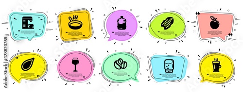 Food and drink icons set. Speech bubble offer banners. Vector coupon badge. Included icon as Apple, Frying pan, Pecan nut signs. Coffee-berry beans, Coffee machine, Pumpkin seed symbols. Vector