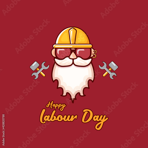 Happy labour day vector label with funky worker on red background. vector happy labor day background or banner with man. workers may day poster