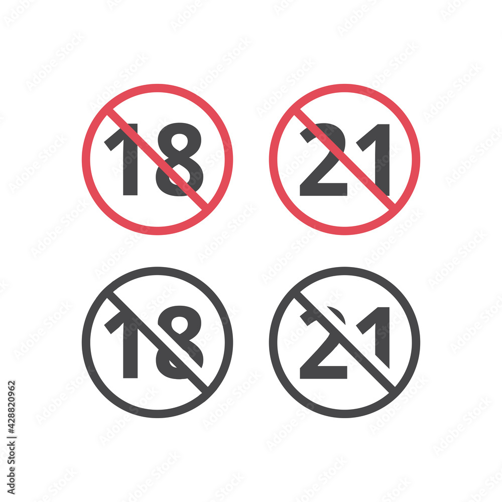No underaged red prohibition vector sign. People under 18 and 21 not allowed icon. No underaged red prohibition vector sign. People under 18 and 21 not allowed icon.