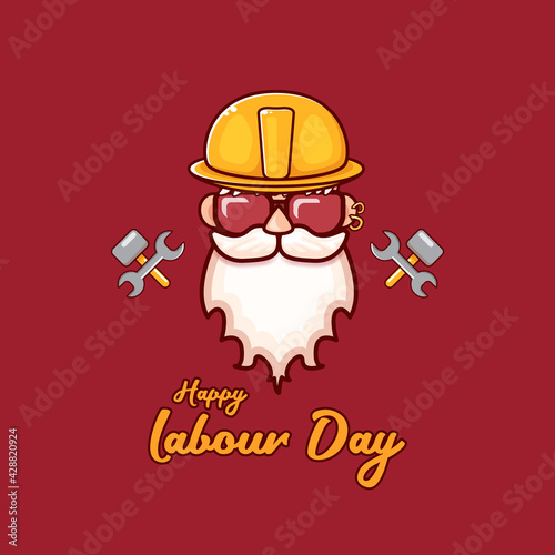 Happy labour day vector label with funky worker on red background. vector happy labor day background or banner with man. workers may day poster