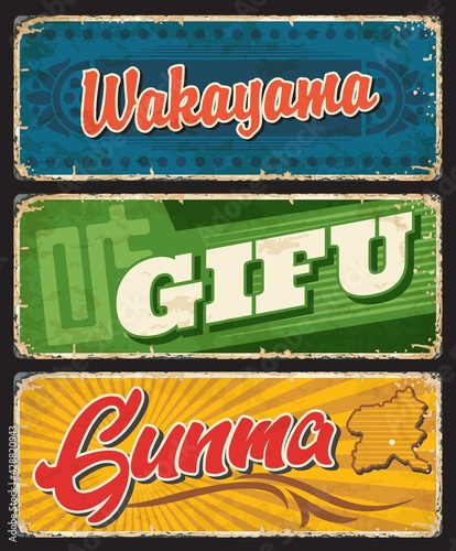 Wakayama, Gifu and Gunma vector plate, Japan prefectures tin signs. Japanese region grunge plate with vintage typography and territory official flags symbols. Asian travel destination memories sign