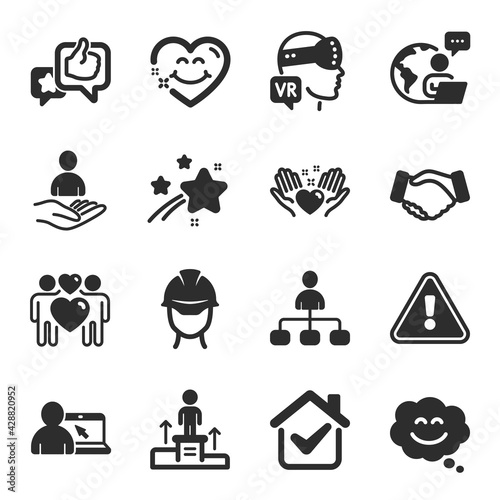 Fototapeta Naklejka Na Ścianę i Meble -  Set of People icons, such as Handshake, Hold heart, Like symbols. Recruitment, Business podium, Foreman signs. Love couple, Online education, Augmented reality. Management, Smile face. Vector
