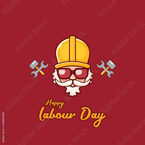 Happy labour day vector label with funky worker on red background. vector happy labor day background or banner with man. workers may day poster