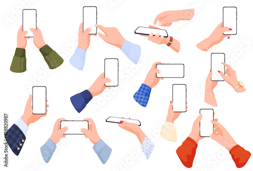 Set of smartphones in male and female hands, different positions holding phones.
