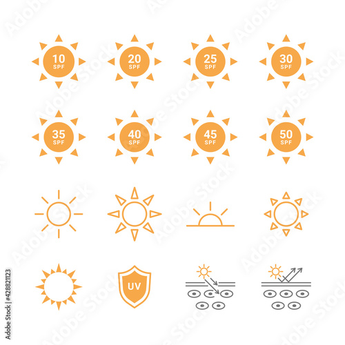 SPF sun protection icons, UV skin protection, icons set for sunscreen products