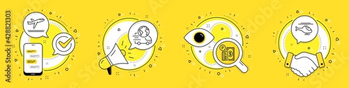 Parking payment, Departure plane and Delivery service line icons set. Cell phone, megaphone and deal vector icons. Helicopter sign. Paid garage, Airport transport, International parcel. Copter. Vector