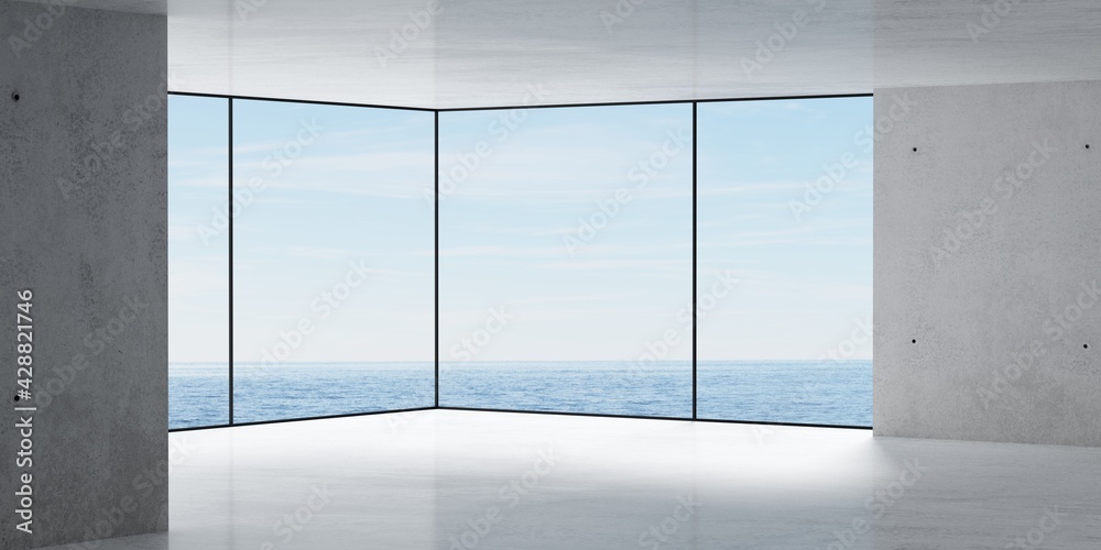 Abstract empty, modern room with concrete walls and windows with ocean ...