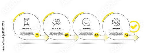 Smile face, Cogwheel and Love chat line icons set. Timeline process infograph. Customisation sign. Chat, Engineering tool, Smartphone. Settings. Technology set. Infographics timeline banner. Vector