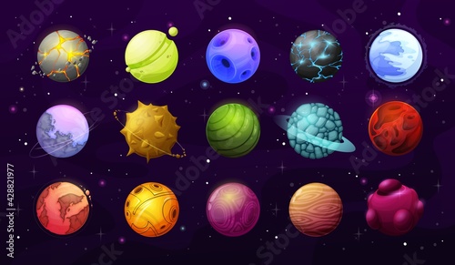 Alien planets and stars, vector fantasy space galaxy. Cartoon elements of user interface or gui, alien galaxy universe planets with surfaces of ice, craters and magma, orbit rings, asteroids, meteors