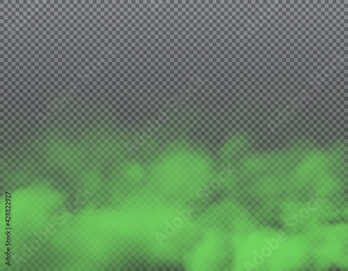 Green smoke or bad smell clouds background, vector transparent fog. Green toxic smog, stink mist or poison gas in air, realistic fluffy wave of chemical odour or fart stench and steam puffs photo