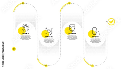 Timer, Outsourcing and Water cooler line icons set. Timeline process infograph. Scroll down sign. Time management, Around the world, Office drink. Swipe phone. Business set. Vector
