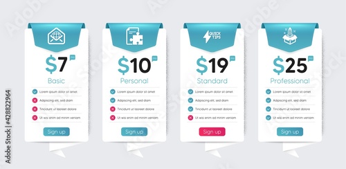 Included icon as Web mail, Strategy, Quickstart guide signs. Price table template, business plan chart. Education icons set. Startup flat icons. World communication, Puzzle, Lightning symbol. Vector