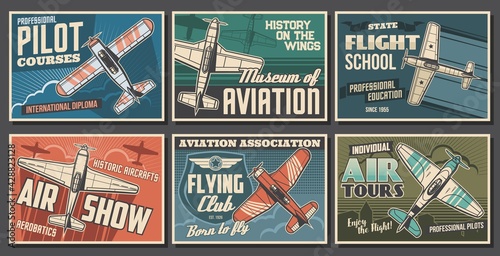 Aviation retro airplanes vector posters set. Pilot training courses, flying school and club, air show, aviation history museum banners. Vintage propeller monoplane, old aircraft flying in sky