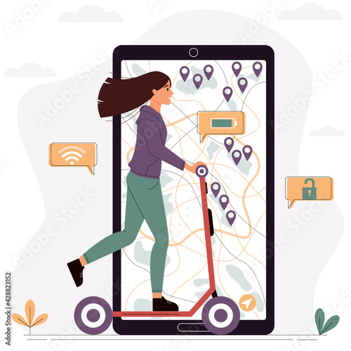 Girl rides an electric scooter. Urban electric transport. Rent eco transport. Rental service concept. Vector illustration