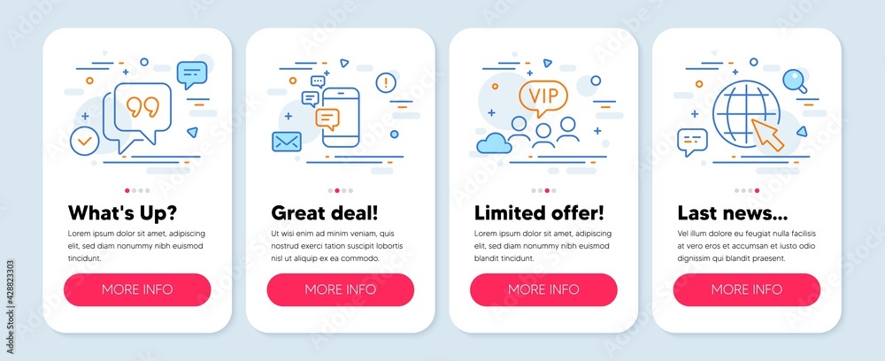 Set of line icons, such as Vip clients, Communication, Quote bubble symbols. Mobile screen mockup banners. Internet line icons. Exclusive privilege, Smartphone messages, Chat comment. Vector Set of line icons, such as Vip clients, Communication, Quote bubble symbols. Mobile screen mockup banners. Internet line icons. Exclusive privilege, Smartphone messages, Chat comment. Vector