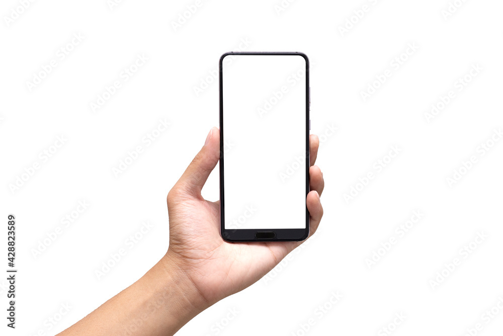 Hand holding mobile phone with blank screen on white background. Isolated. Hand holding mobile phone with blank screen on white background. Isolated.