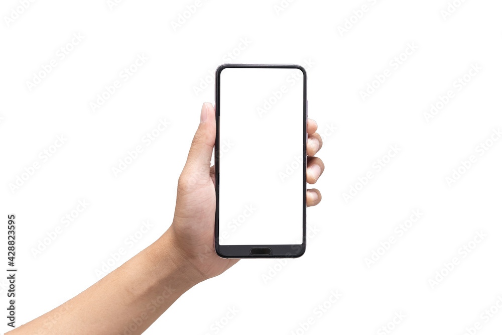 Hand holding mobile phone with blank screen on white background. Isolated.