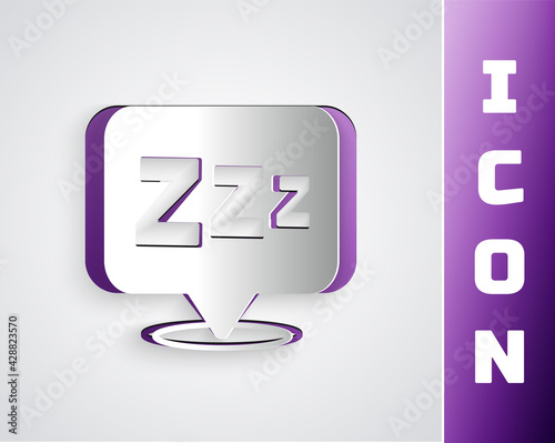 Paper cut Sleepy icon isolated on grey background. Sleepy zzz black talk bubble. Paper art style. Vector