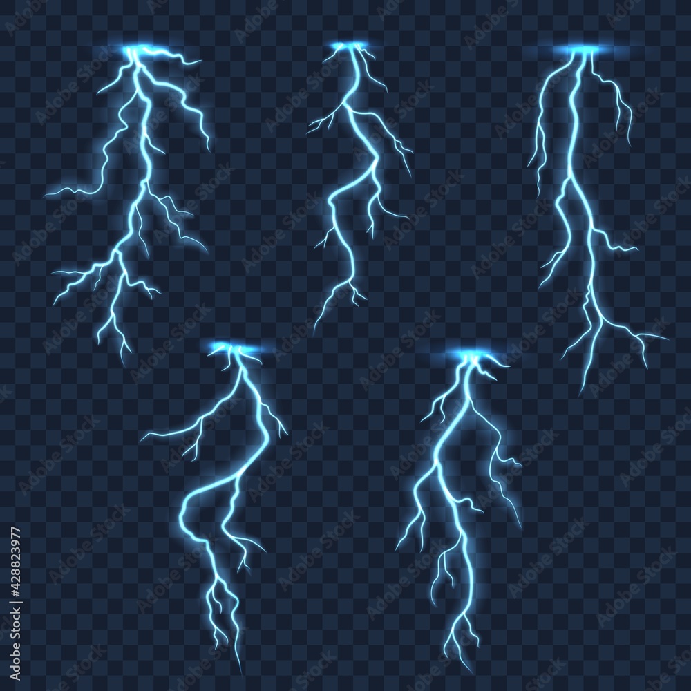 Lightnings and thunder bolts of thunderstorm on transparent background. Realistic vector storm lightning strikes and thunderbolts with electric flashes, light, glow and sparkle effects, weather