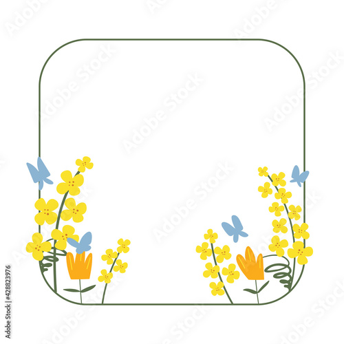 Flower square frame made of rapeseed. Hand-drawn floral border with copy space. Yellow cartoon canola branch, greeting card template, invitations, design element. All objects are isolated.