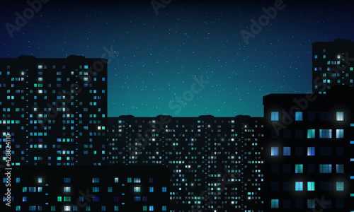 Glowing windows of buildings  stars in night sky. View from window on city night landscape. Light of the windows in tall buildings  starry sky. Abstract background  wallpaper. Vector illustration
