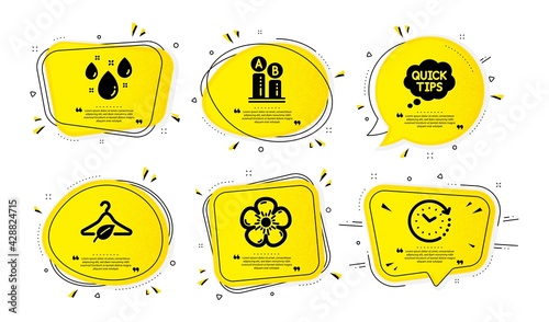 Ab testing, Quick tips and Natural linen icons simple set. Yellow speech bubbles with dotwork effect. Rainy weather, Slow fashion and Time change signs. Vector