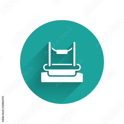 White Bungee trampoline attraction with metal ladder icon isolated with long shadow. Green circle button. Vector