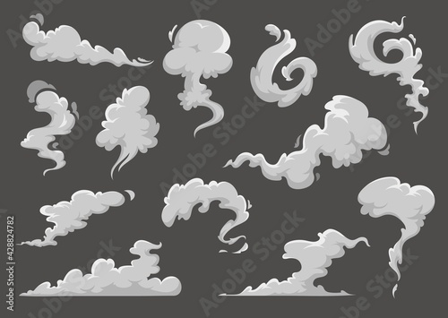 Cartoon clouds, steaming smoke and steam flows. Vector comic book explosion clouds, smoke puffs and speed dust trails, smog or vapor air flows and fog or fume swirls on dark background