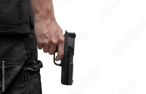 Killer with gun close isolated on white background
