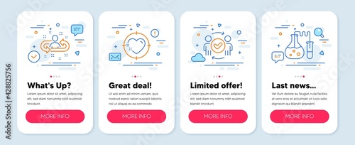 Set of Business icons, such as Approved teamwork, Heart target, Recruitment symbols. Mobile screen app banners. Chemistry lab line icons. Team workflow, Love aim, Manager change. Laboratory. Vector