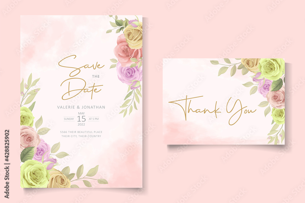 Set of elegant wedding invitation design with soft color floral