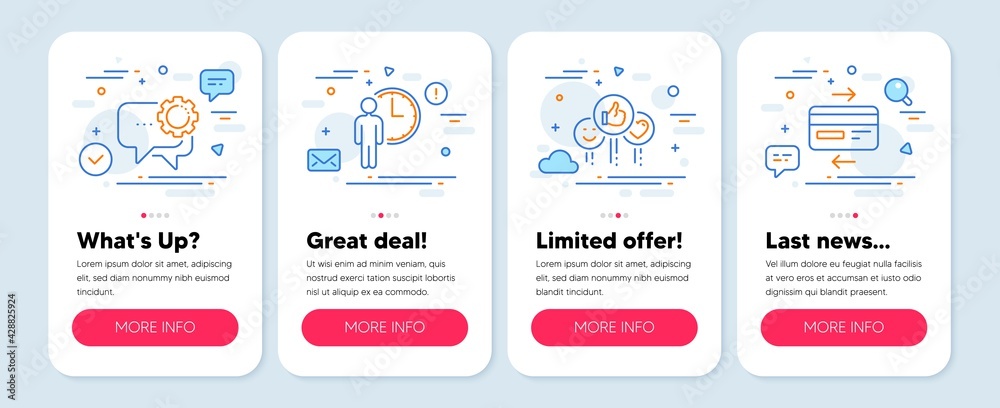 Set of Technology icons, such as Employees messenger, Like, Waiting symbols. Mobile screen app banners. Credit card line icons. Speech bubble, Social media likes, Service time. Bank payment. Vector
