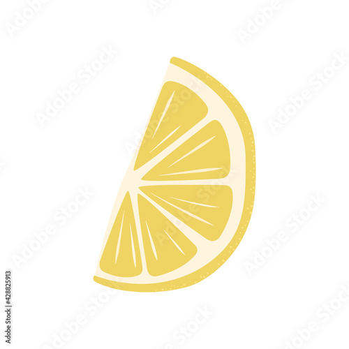 Simple colored flat icon with a semicircular slice of yellow lemon. Isolated illustration of a citrus fruit on a white background. Vitamin C. Healthy eating and proper lifestyle. Logo, emblem, label