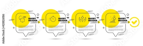 Safe energy, Augmented reality and Timer line icons set. Timeline infograph speech bubble. Stats sign. Thunderbolt, Virtual reality, Deadline management. Business analysis. Science set. Vector